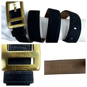 Vintage ESCADA Blue Suede Leather Belt Gold Tone Buckle German 40 Measures 36.5"